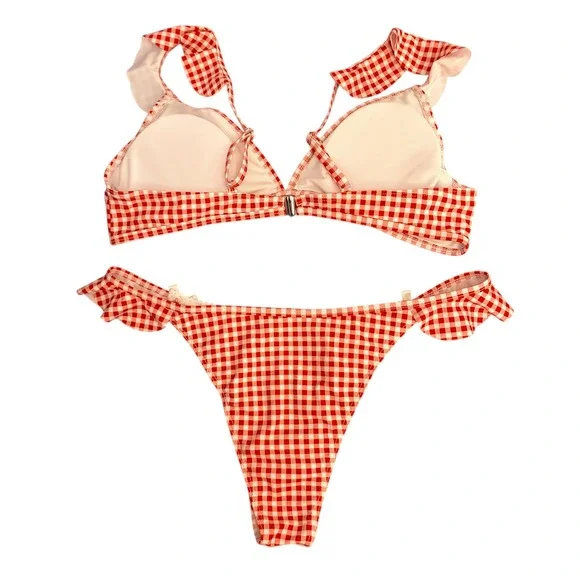 NEW Red Gingham Size Large Ruffle Bikini‎ Set Halter Triangle Top - Picture 6 of 8